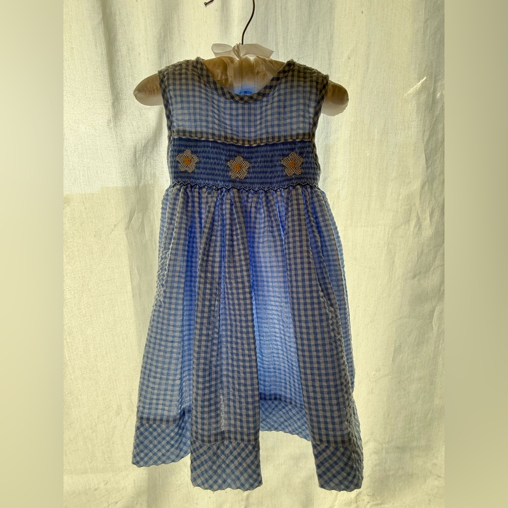 Classic Blue Gingham Smocked Kids Boutique Dress with Floral Detail